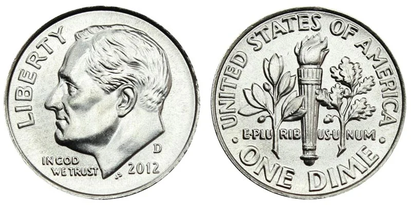 2012-P Roosevelt dime obverse and reverse showing mint mark and full torch design