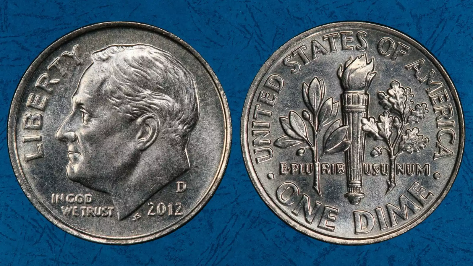 Side-by-side comparison of 2012 Roosevelt dime torch without Full Bands versus with Full Bands designation under magnification
