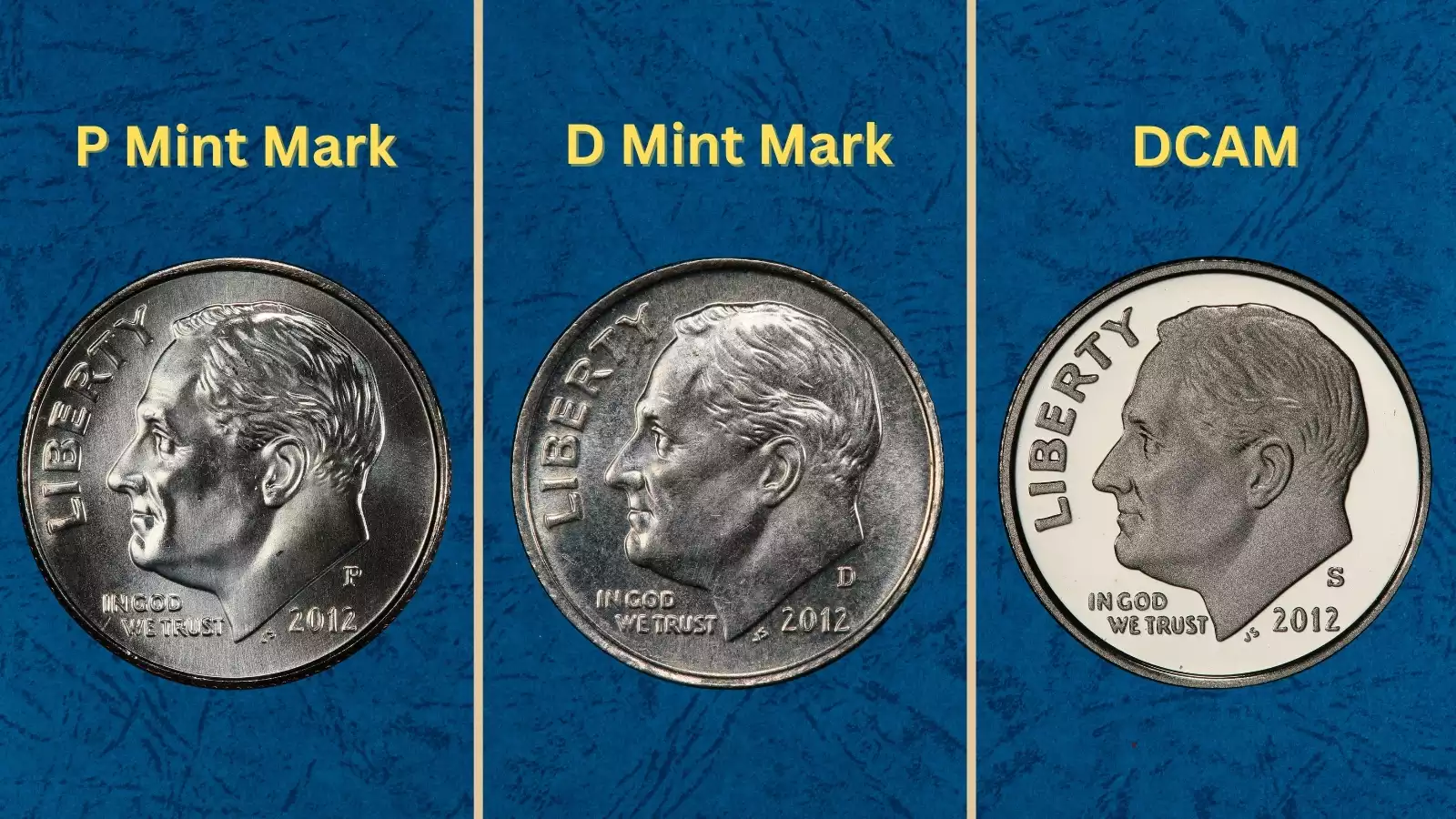 Group of 2012 Roosevelt dimes from Philadelphia, Denver, and San Francisco showing typical specimens